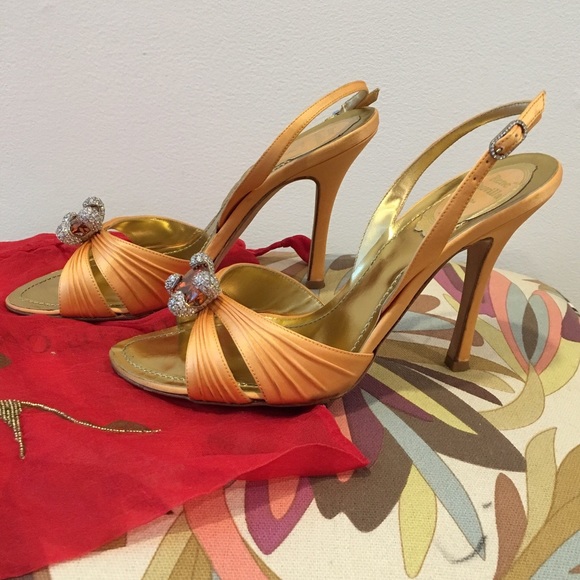 RENE CAOVILLA ORANGE SATIN HIGH HEEL SANDALS SZ 37 - Picture 8 of 8